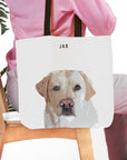 Personalized modern pet tote bag with a custom watercolor portrait of a yellow Labrador dog named Jax.