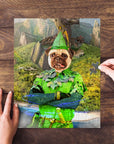 Personalized Peter Paw pet puzzle featuring a pug in a green Peter Pan costume.