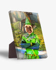 Personalized 'Peter Paw' standing canvas featuring a pug dressed as Peter Pan in a lush forest.