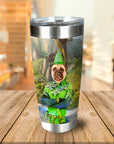 Personalized stainless steel tumbler with a pug pet portrait in a Peter Pan-style costume.