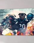 Personalized canvas with two pugs in Philadelphia Eagles football uniforms, surrounded by fire and smoke.