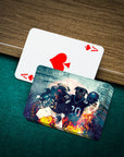 Personalized playing cards featuring custom dog portraits in football uniforms with a fiery background.