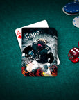 Personalized playing card featuring a pug in a Philadelphia Eagles football uniform on a green felt table.