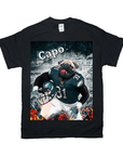 Black Gildan t-shirt with a personalized pug wearing a Philadelphia Eagles uniform, holding a helmet, with "Capo" above.