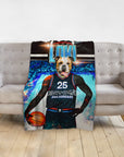 Personalized pet blanket featuring a bulldog in a 76ers basketball uniform.
