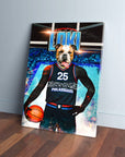 Personalized pet canvas featuring a bulldog in a black Philadoggos 76ers basketball jersey, holding a ball.
