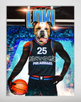 Personalized Philadoggos 76ers pet poster featuring a bulldog in a black basketball jersey, holding a ball.