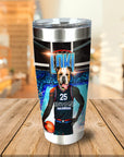 Personalized stainless steel tumbler with a custom bulldog pet portrait in a basketball jersey.