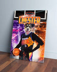 Personalized pet canvas featuring a dog in a black basketball jersey holding a ball, with "CHESTER" and "PAWS" text.