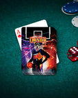 Personalized playing card featuring a dog in a basketball uniform on a vibrant court.