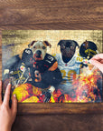 Personalized 2 pet puzzle featuring dogs dressed as football players, being assembled on a wooden surface.