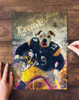 Personalized Pittsburgh Doggos pet puzzle featuring a dog's head on a football player's body.