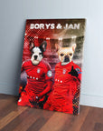 Personalized 'Poland Doggos' canvas featuring two pets in red soccer jerseys, named Borys & Jan.