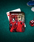 Personalized playing card featuring two custom dog portraits in red soccer jerseys.