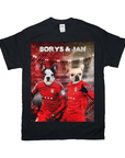 Black Gildan t-shirt with two personalized French bulldog pets in red soccer jerseys, named Borys & Jan.
