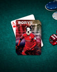 Personalized playing card featuring a French Bulldog in a red soccer uniform on a green felt table.