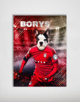 Personalized pet poster featuring a French Bulldog's head on a soccer player in a red uniform, named "BORYS".