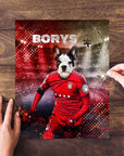 Personalized pet puzzle featuring a French Bulldog in a red soccer uniform with "BORYS" above.
