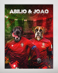 Personalized Portugal Doggos poster featuring two pets in red soccer jerseys with names Abilio & Joao.
