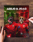 Custom Portugal Doggos personalized 2 pet puzzle featuring two dogs in soccer jerseys.