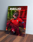 Personalized pet canvas of a black dog in a red Portugal soccer jersey with "ABILIO" above.