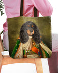 Personalized 'Prince Doggenheim' tote bag with a custom royal renaissance portrait of a black and tan Cavalier King Charles Spaniel.