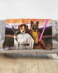 Custom personalized pet portrait blanket featuring two dogs as Princess Leia and a Jedi, with a space background.