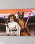 Custom pet canvas featuring a chihuahua as Princess Leia and a German Shepherd as a Jedi with a lightsaber.
