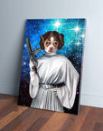Custom pet canvas featuring a chihuahua as Princess Leia in a white gown, holding a blaster, against a starry blue background.