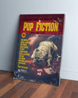 Personalized "Pup Fiction" canvas featuring a bulldog in a vintage movie poster style, red and yellow.