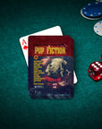 Personalized "Pup Fiction" playing cards featuring a bulldog portrait, on a green felt table with poker chips and dice.
