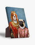 Personalized "Queen and Archduchess" standing canvas featuring two pets in regal attire on a blue background.