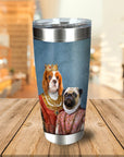 Personalized stainless steel tumbler with a custom royal renaissance portrait of a Cavalier King Charles Spaniel and a Pug.