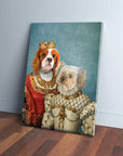 Personalized canvas of two dogs, a Cavalier King Charles Spaniel and a Maltese, dressed as a queen and princess.