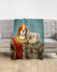 Personalized 'Queen and Princess' pet portrait blanket with two dogs in renaissance royal attire.