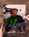 Personalized 'Rambo Doggo' pet puzzle featuring a Rottweiler in a green shirt and red bandana.