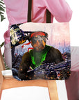 Personalized 'Rambo Doggo' tote bag with a Rottweiler pet portrait in a military scene.