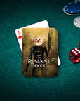Personalized 'Resident Doggo' playing cards featuring a dog's head on a character, on a green poker table.