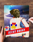 Personalized "Ricky Doggy" pet portrait puzzle featuring a dog in a race car driver suit.