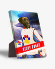 Personalized 'Ricky Doggy' pet standing canvas featuring a dog in a white, blue, and red race suit.