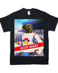 Black Gildan t-shirt with a personalized design of a dog in a white, blue, and red race suit.