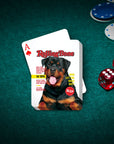Custom pet portrait playing cards featuring a Rottweiler on a Rolling Bone magazine cover design.