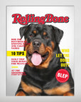 Personalized 'Rolling Bone' pet poster featuring a Rottweiler on a magazine cover with a matte finish.