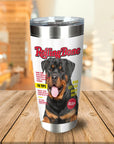 Personalized stainless steel tumbler with a custom Rottweiler portrait in a "Rolling Bone" magazine cover style.