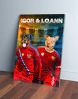 Personalized 'Russia Doggos' canvas featuring two pets in red soccer jerseys with names "IGOR & LOANN".