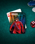 Personalized playing card featuring a Rottweiler in a red Russia soccer jersey.