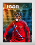 Personalized matte poster featuring a Rottweiler in a red Russia soccer jersey with "IGOR" above.