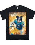 Black Gildan t-shirt featuring a personalized graphic of a Border Collie in a blue and yellow football uniform, holding a helmet.