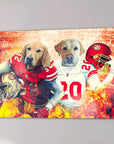 Two golden retrievers in San Francisco 49ers football uniforms on a personalized canvas with a fiery background.