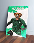 Custom pet canvas featuring a boxer dog in a green Saudi Arabia soccer uniform, with "AARON" above.